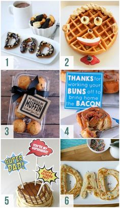 a collage of photos with some food and decorations on them, including waffles