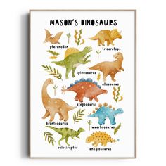 a poster with dinosaurs in different colors and sizes, including the names of each dinosaur