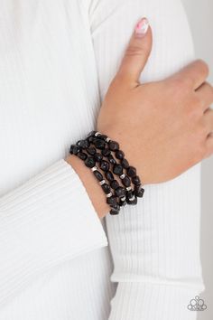 Glossy black irregular shaped beads in varying opacities, accented with shining faceted silver beads are threaded along stretchy bands and stack up the wrist for a glowing display. Sold as one individual bracelet. Smoky Crystal, Nickel Free Jewelry, Black Bracelet, Ball Necklace, Black Bracelets, Paparazzi Accessories, Bracelet Black, Stretchy Bracelets, White Rhinestone