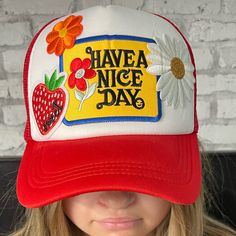 Very Cute Trendy Trucker Hat Custom Handmade New Without Tags Handmade Fun Style Trucker Hat, Summer Trucker Hat With Logo Patch, Handmade Fun Trucker Hat, Trendy Trucker Hat With Patches, Cute Trucker Hats With Patches, Hat Custom, Baseball Hat, Red Yellow, Trucker Hat