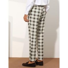 The plaid pants feature a color block design, with zipper button closure and front pockets, a must-have in your daily wardrobe. You can match the checked pants with a t-shirt, dress shirt, or formal blazer to make a casual or business look. These straight-fit pants are perfect for many occasions, such as celebrations, work, dating, meetings, festivals, etc. Tailored Casual Plaid Pants, Tailored Plaid Casual Bottoms, Casual Plaid Pants With Welt Pockets, Business Casual Plaid Cotton Pants, Patterned Suit, Formal Dress Pants, Slim Suit Pants, Front Zipper Dress, Checked Pants