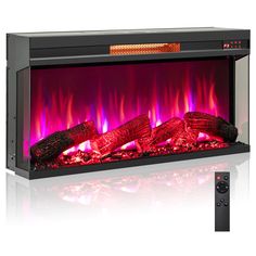 an electric fireplace with red flames and logs