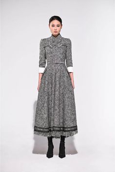 Davis A-line Middle Sleeved Tweed Midi Dress | MEAN BLVD Fall Midi-length Tweed Dress, Winter Midi-length Tweed Dress, Winter Midi Length Tweed Dress, Tweed Midi Dress, Mean Blvd, Tweed Dress, Mass Production, Sewing Basics, Dress Ideas