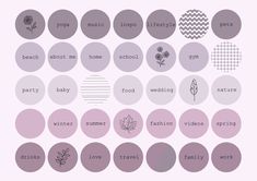 a poster with different types of flowers and words on it's back side, all in shades of purple