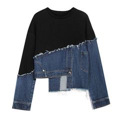 Great Shopping Women Asymmetrical Sweatshirt Top Pullover Denim Patchwork Long Sleeve Loose, women's top Asymmetrical Sweatshirt, Ropa Upcycling, Casual Outwear, Woman Personality, Patchwork Denim, Denim Patchwork, Fleece Sweater, Loose Tops, Looks Vintage