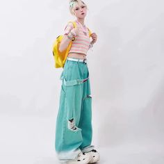 Wide Harajuku Y2K Pants - Pastel Kitten Tattered Jeans, Estilo Harajuku, Y2k Pants, Moda Streetwear, Streetwear Mode, Oversized Jeans, Moda Jeans, Stylish Blouse, Simple Tees