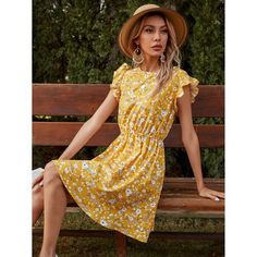 Pattern: flowerApplicable age: 18-24 years oldLength: MiddleCollar type: Round neckSleeve length: Short sleeveColor: yellow Outfit Yellow, Ruffle Flower, Dress Weights, Line Dresses, A Line Dresses, Suspender Dress, Waist Dress, Spring Dresses, Fashion Street