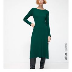 Round Neck Midi Dress With Long Sleeves. 100% Cotton. Botte Green. L: Armpit To Armpit 18” And Beyond. Length 44” Xl: Armpit To Armpit 19” And Beyond. Length 44” Casual A-line Ribbed Midi Dress, Green Ribbed Long Sleeve Midi Dress, Green Long Sleeve Ribbed Midi Dress, Chic A-line Ribbed Midi Dress, Stretch Ribbed A-line Dress, Winter Green Ribbed Midi Dress, Solid Ribbed Midi-length Dress, Long Green Midi Dress For Fall, Green Fitted Long Sleeve Casual Dress