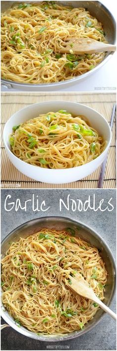 two pictures showing how to make garlic noodles in one pan, and then using the same skillet