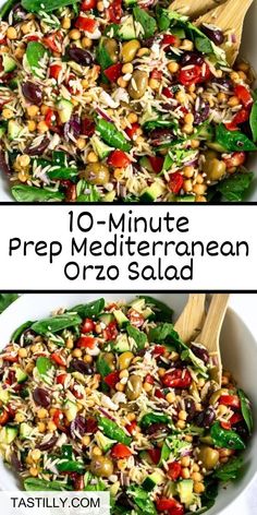 two pictures showing different types of salads with text overlay that reads 10 - minute prep mediterraneanan orzo salad