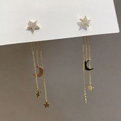 14k Gold Plated Brass Cz Stars Moon Dangle Studs Come With Jewelry Box. Size: 5.5cm X 1cm Ready To Ship In Same Day Or Next Business Day. Star Earrings Dangle, قلادات متدلية, Moon And Star Earrings, Star Earrings Stud, Star Moon, Crystal Stars, Moon Earrings, Girly Jewelry, Stylish Jewelry