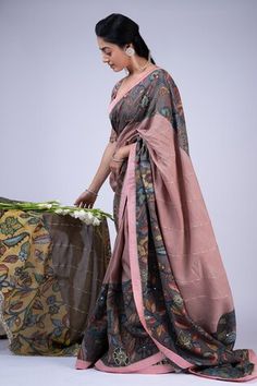 Sand rose pink silk saree with kalamkari floral pattern, elevated with pitta, sequin embroidery. Comes along with kalamkari blouse piece with embroidery front neckline and sleeve line . - Aza Fashions Pink Kalamkari Print Saree, Pink Kalamkari Dupatta For Eid, Pink Pre-draped Saree With Printed Border For Wedding, Pink Art Silk Saree With Kalamkari Print, Unstitched Pink Kalamkari Traditional Wear, Pink Unstitched Kalamkari Traditional Wear, Pink Bollywood Saree With Kalamkari Print, Pink Unstitched Saree With Kalamkari Print, Pink Chanderi Saree With Kalamkari Print