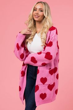 Carnation Heart Print Open Front Knit Cardigan | Lime Lush Heart Cardigan, Mode Chanel, Knitted Heart, Oversized Knit Cardigan, All My Heart, Cute Cardigans, Pink Cardigan, Red Hearts, Oversized Cardigan