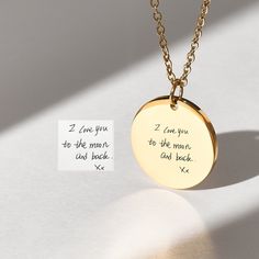 Whether you have handwriting, the signature of a loved one, your children's handwriting, we can put it on this personalized handwriting necklace for you! These unique jewelry are a fabulous gift to give to your mother. Personalize this necklace with your own meaningful message or other details.  If you've been looking for a beautiful and one-of-a-kind gift, then our personalized necklace is perfect for you. And if you're searching for a special Christmas, Birthday, or Anniversary present - then Custom Text Stainless Steel Jewelry For Gift, Custom Text Stainless Steel Jewelry Gift, Engraved Round Pendant Jewelry Gift, Minimalist Mother's Day Necklace With Engraved Text, Minimalist Necklace With Custom Text For Gift, Mother's Day Stainless Steel Jewelry With Engraved Text, Meaningful Engraved Jewelry For Mother's Day, Inspirational Jewelry With Custom Text For Personalized Gift, Personalized Engraved Jewelry For Mother's Day