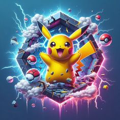 the pokemon pikachu character is surrounded by lightning and other things that appear to be floating