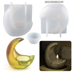 three different shapes and sizes of candle holders, one with a lit candle in it