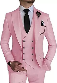 Men's 3 Piece One Button Suit, Suit Blazer for Wedding, Men's Slim-Fit 3PC Men | eBay Pink Suits For Party, Fitted Three-piece Suit For Wedding, Pink Fitted Tuxedo For Groom, Fitted Pink Tuxedo For Groom, Pink Tuxedo Suit For Groom, Pink Notch Lapel Suits For Groom, Elegant Pink Three-piece Suit For Groom, Single Breasted Tuxedo For Groom, Wedding Double Breasted Suit With Single Button