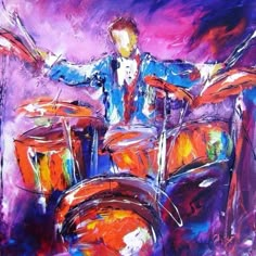 a painting of a man playing drums in front of purple and orange background with his arms out