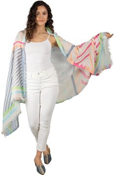 This lightweight scarf is sprawling with a colorful pattern that gives off contemporary vibes. 75" x 40" 100% cotton Hand wash, line dry Imported Model stats: 5'10" height, 32" bust, 25" waist, 36" hip. Model is wearing size One Size. Multicolor Shawl Scarf For Spring, Multicolor Shawl Scarves For Spring, Casual Multicolor Shawl For Spring, Multicolor Cotton Shawl Scarf, Casual Multicolor Cotton Scarves, Casual Multicolor Cotton Scarf, Casual Multicolor Summer Shawl, Multicolor One Size Shawl For Spring, White Shawl For Spring