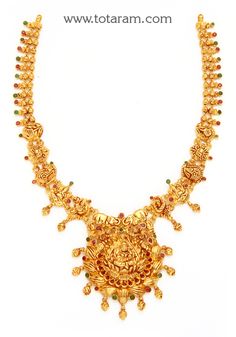 22 Karat Gold 'Lakshmi Ganesha' Necklace with Color Stones (Temple Jewellery) - 235-GN3812 - in 30.800 Grams for USD $2495.79. 
Made in India by Totaram Jewelers Online this product is in Gold - 22 Karat BIS Hallmark 916 KDM Gold  & is an excellent gift for Adult - Women. Ships fully insured with secured guaranteed delivery for free with your order over $250 from New Jersey USA & comes with 30 days exchange policy. Luxury Fusion Style Temple Necklace In 22k Gold, Luxury 22k Gold Temple Necklace For Ceremonial Occasions, Luxury Gold Bollywood Temple Necklace, Luxury Temple Necklace For Diwali Gift, Luxury Temple Necklace For Navratri Gift, Luxury Gold Dual-tone Temple Necklace, Luxury Brass Temple Necklace For Festive Season, Luxury Red Temple Necklace For Gift, Luxury Ceremonial Temple Necklace For Women