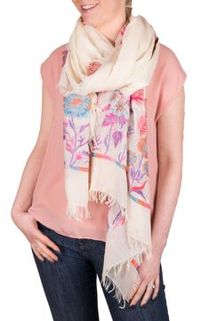 Add the perfect finishing touch to your ensemble with this frayed-trim cotton scarf patterned with a colorful floral print. 39" W x 75" L Cotton Hand wash, line dry Imported Bohemian Cotton Scarf With Floral Print, Bohemian Cotton Scarves With Floral Print, Bohemian Cotton Shawl For Spring, Casual Beige Shawl For Spring, Beige Floral Print Scarves For Spring, Summer Beige Cotton Scarf, Beige Floral Print Scarf For Spring, Summer Cotton Scarf With Floral Print, Cream Floral Print Scarves For Spring