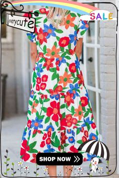 Multicolor Flutter Sleeve V Neck High Waist Floral Midi Dress Multicolor V-neck Midi Dress With Ruffle Hem, Summer Multicolor Ruffle Hem Maxi Dress, Summer Multicolor Maxi Dress With Ruffle Hem, Multicolor Ruffle Hem Maxi Dress For Summer, Multicolor Maxi Dress With Ruffle Hem For Summer, Spring Vacation Multicolor Midi Dress, Multicolor Ruffled Summer Maxi Dress, Multicolor Ruffle Hem Maxi Dress For Spring, Multicolor Ruffled Maxi Dress For Summer