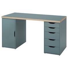 an office desk with four drawers and two doors on the top, one door open