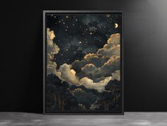 an art print of the night sky with stars and clouds in it, against a black background