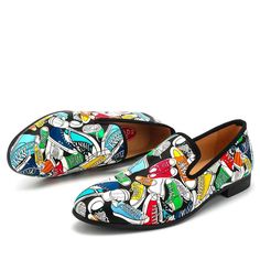 Step up your style game with these trendy men's loafers. Crafted with an excellent quality synthetic leather upper and insole, and rubber outsole, these loafers offer both comfort and style. They are also waterproof, ensuring durability and protection in various weather conditions. With their eye-catching geometric pattern, these loafers are perfect for adding a modern and vibrant touch to your outfit. Don't miss out on these fashionable loafers. Multicolor Slip-on Loafers With Rubber Sole, Multicolor Leather Slip-on Loafers, Casual Multicolor Loafers With Round Toe, Blue Flat Synthetic Loafers, Multicolor Slip-on Leather Loafers, Blue Slip-on Synthetic Loafers, Multicolor Loafers With Rubber Sole And Round Toe, Wedding Men Shoes, Mens Workout Pants