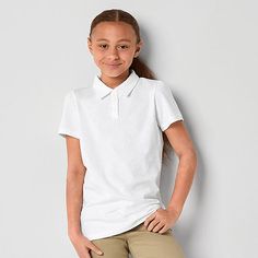 Perfect to complete a school uniform or paired with denim shorts for the weekend, this little and big girl's polo shirt from Thereabouts is a versatile wardrobe essential. It's made from soft cotton-jersey and has a spread collar, gathered shoulders, short sleeves, and a classic three-button placket.Closure Type: Button, Pullover HeadFit: Regular FitNeckline: Collar NeckSleeve Length: Short SleeveSleeve Style: Fitted SleeveApparel Length: 22.75 InchesFiber Content: 60% Cotton, 40% PolyesterFabri Preppy Cotton Polo Shirt For Spring, Preppy Cotton Polo Shirt For School, Fitted Cotton Polo Shirt For School, Fitted Casual Polo Shirt For School, Casual Short Sleeve Polo Shirt For School, Classic Cotton Polo Shirt For School, Casual Cotton Polo Shirt For School, Casual Cotton School Polo Shirt, Classic Fitted School T-shirt