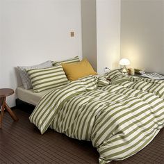 French Stripes Minimal Bedding Set / Green Yellow + Mustard Small Flat Minimal Bedding, Bedding Set Green, Classic Duvet Covers, 2024 Board, French Stripes, Serene Bedroom, Casually Elegant, Live In Style, Stylish Beds