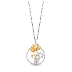 Disney Tiana Inspired Diamond Lotus Pendant Necklace in 10K Sterling Silver & Yellow Gold 1/10 CTTW | Enchanted Disney Fine Jewelry Disney Tiana, Enchanted Disney, Enchanted Disney Fine Jewelry, Dancing Diamond, Italy Jewelry, Disney Fine Jewelry, Diamond Bracelet Design, Diamond Pendants Designs, Plant Jewelry