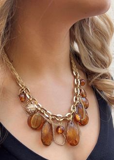 18K Gold Plated Bronze Amber Drop Necklace Amber Necklace, Drop Necklace, Amber, 18k Gold, Gold Plate, Gems, Plating, Gold