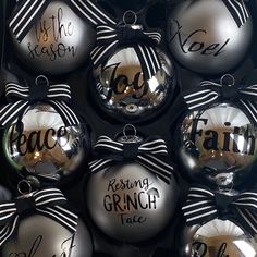 black and white ornaments with sayings on them