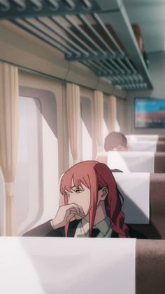 an anime character sitting on a train with her hand to her mouth and looking out the window