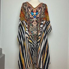 Jessica Taylor Women's Gold/Multi Color Sequin Tunic V-Neck Beach Cover Up One Size Fit Most Nwt 100% Polyester, Lightweight, Sheer, Comfortable, Easy Care. Measurements: Taken With The Garment Laid Flat Armpit To Armpit: 31", Length: 37" Bohemian Multicolor Print V-neck Kaftan, V-neck Kaftan For Vacation, V-neck Summer Kaftan For Vacation, Chic Printed V-neck Kaftan, Beach V-neck Printed Kaftan, Summer V-neck Kaftan For Beach Season, Patterned V-neck Kaftan For The Beach, White Printed V-neck Kaftan, Summer V-neck Boho Print Kaftan