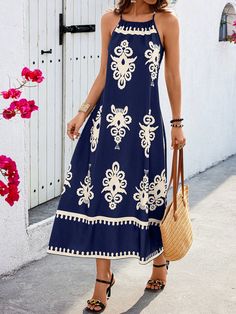 Women Summer Holiday Random Flower Print Long Loose Cami Maxi Dress Navy Blue Boho  Sleeveless Woven Fabric Floral,Geometric,Tribal,Plants,All Over Print Cami Non-Stretch  Women Clothing, size features are:Bust: ,Length: ,Sleeve Length: Blue Bohemian Dress With Geometric Pattern, Geometric Pattern Dress For Summer Vacation, Blue Dress With Geometric Pattern For Vacation, Blue Printed Summer Sleeveless Dress, Blue Printed Sleeveless Sundress, Bohemian Patterned Sleeveless Dress For Vacation, Floral Print Patterned Sleeveless Dress For Vacation, Vacation Sleeveless Floral Print Dress, Summer Beach Maxi Dress With Geometric Pattern