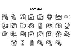 the camera icon set is shown in black and white, with different types of cameras