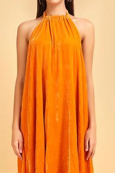 Shop for Label Ivish Orange Silk Velvet Halter Neck Asymmetric Dress for Women Online at Aza Fashions Sleeveless Velvet Midi Cocktail Dress, Sleeveless Summer Velvet Dress, Sleeveless Velvet Midi Party Dress, Sleeveless Velvet Midi Dress For Party, Chic Sleeveless Velvet Midi Dress, Dress With Halter Neck, Asymmetric Dress, Tent Dress, Velvet Color