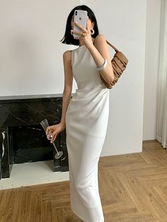 Simple and elegant. Knitting material. Midi length. Standard fit. Standard fit. Shop your Slip Dress here. White Slip Dress, Spring Vibes, Lovely Dresses, White Outfits, Knitting Materials, Outfits Aesthetic, White Wedding, Midi Length, One Shoulder Formal Dress