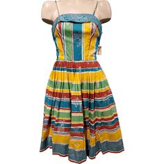 Vintage 50's Deadstock Red Blue Green Yellow White Stripe Sun Dress by Sears - Free Shipping - Thrilling Multicolor Vintage Summer Dress, Vintage Multicolor Sundress For Summer, Retro Cotton Sundress For Beach, Vintage Fitted Cotton Sundress, Multicolor Cotton Sundress For Garden Party, Fitted Vintage Cotton Sundress, 1950s Summer Cotton Dress, 1950s Style Cotton Summer Dress, 1950s Style Summer Cotton Dress