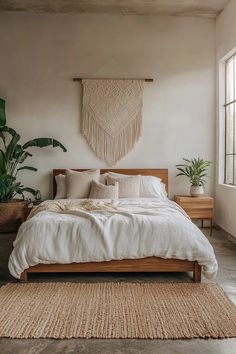 a bedroom with a bed, rugs and potted plants