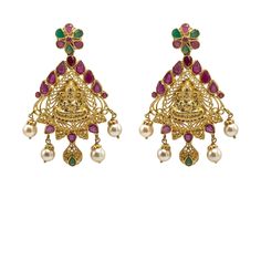 22K Yellow Gold Earrings W/ Rubies, Emeralds, Pearls & Engraved Laxmi Pendant - Virani Jewelers Italian Gold Jewelry, 22k Gold Jewelry, Chandbali Earrings, Jhumki Earrings, Gold Pendant Jewelry, Yellow Gold Earrings, Gold Bead Necklace, Pendant For Women, Yellow Gold Earring