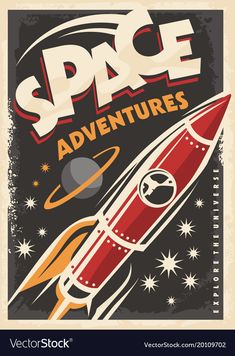 an old space poster with a rocket and stars on the background, in retro style