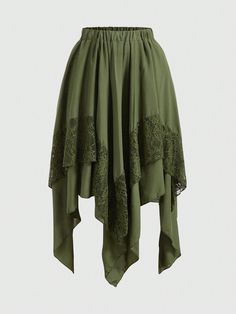 Plus Size Asymmetrical Skirt With Elasticated Waist And Lace Trim Army Green Casual   Woven Fabric Plain Asymmetrical Non-Stretch  Women Plus Clothing, size features are:Bust: ,Length: ,Sleeve Length: Hobbit Clothes, Romwe Fairycore, Dark Green Skirt, Long Green Skirt, Square Skirt, Ren Faire Outfits, Leaf Skirt, Fairy Skirt, Festival Skirts