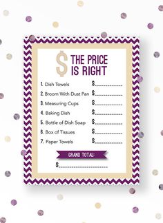 the price is right sign with purple and gold dots around it on a white background