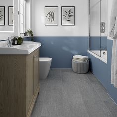 a bathroom with blue walls and white fixtures