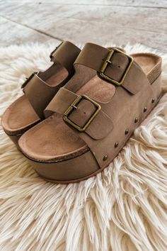 Elevate your style with our Stacked Double Strap Sandals in Taupe. These adorable sandals feature studded sides and a stacked design, adding height to your look. Perfect for those who love a little extra flair in their footwear. Step up your shoe game today! Sizing No Half Sizes Model is 9.5 and can wear 9 or 10 Double Strap Sandals, Layered Sweater, Cute Sandals, Elevate Your Style, Shoe Game, Strap Sandals, Love A, Dress Accessories, Long Tops