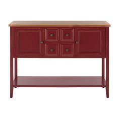 the sideboard is red and has four drawers on one shelf, with two doors at the bottom