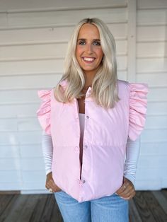 Darling pink vest featuring crop fit, ruffle sleeves, and button front Model is 5'7" with a 28" waist, 34" bust, and 36" hips wearing a medium Cute Winter Outfits Preppy, Preppy New York Outfits, Cute Vest Outfits, Fall Preppy Outfits, Southern Preppy Outfits, Preppy Vest, Preppy Winter Outfits, New York Fits, Crop Vest